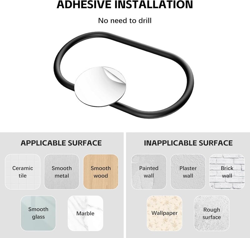 EZKEY Adhesive Towel Holder Matte Black Hand Towel Holder for Bathroom Wall Stainless Steel Towel Ring for Bathroom Hardware Accessories No Drilling, 2 Packs - Image 5